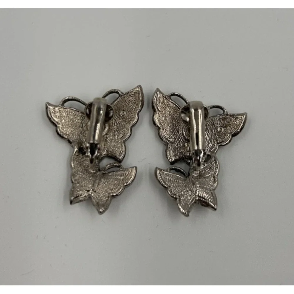 Avon Whispering Wings Butterfly Clip Earrings Pearlized‎ Enamel Faux Marcasite